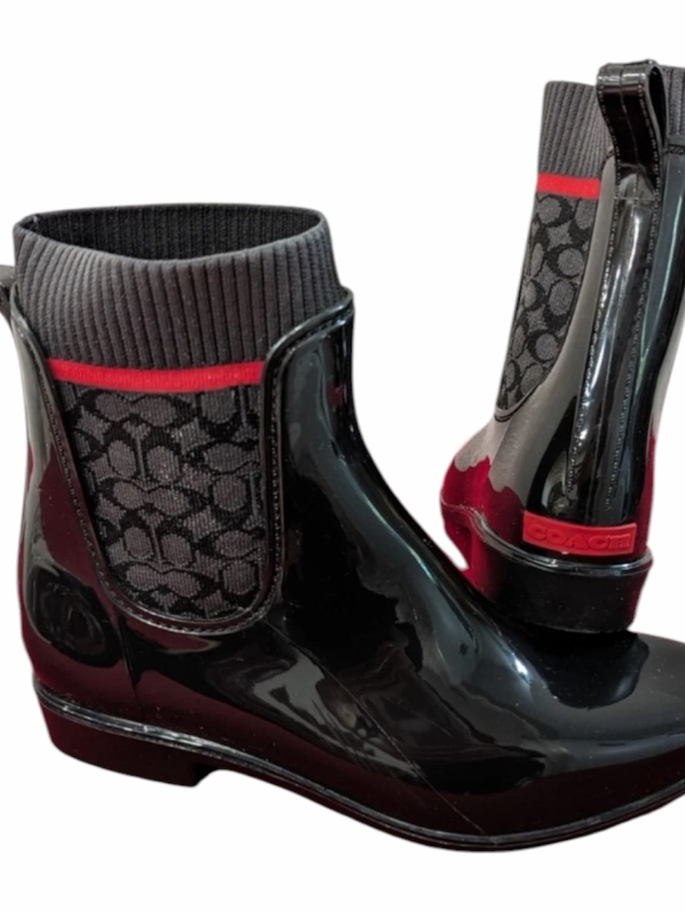 Coach Black Patent Ankle Rain Boots with Gray Knit Collar and Red Trim - Picture 5 of 7